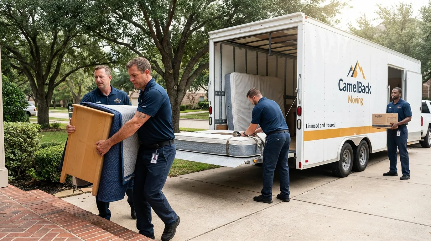 Crew loading residential truck for cross-state move from Ellsworth, WI