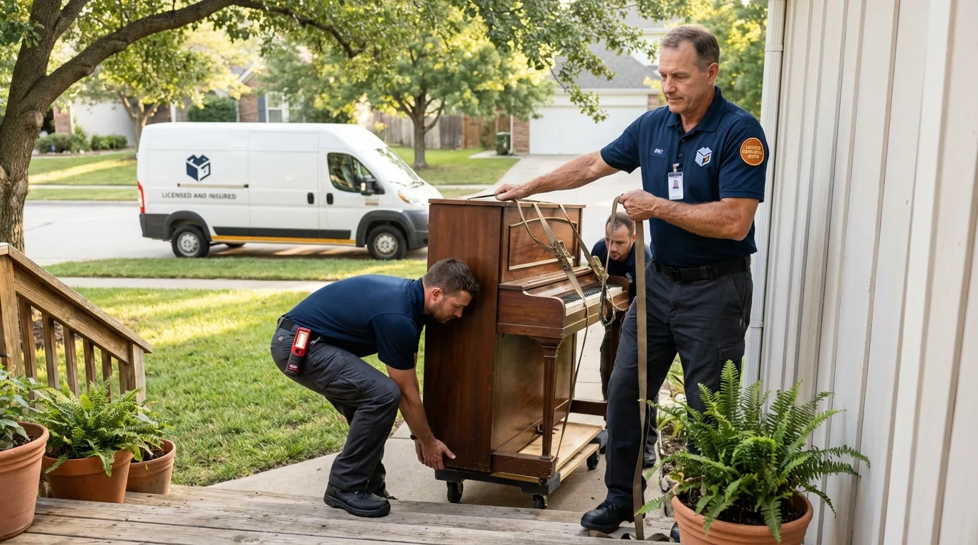 Licensed piano movers securing grand piano in Ellsworth, WI