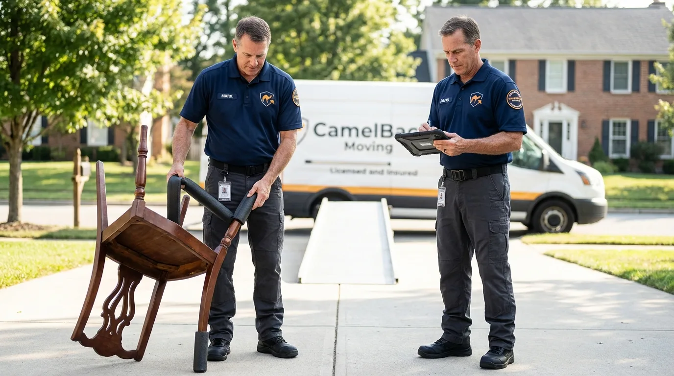 Movers inspecting furniture for damage prevention before loading in Ellsworth, WI