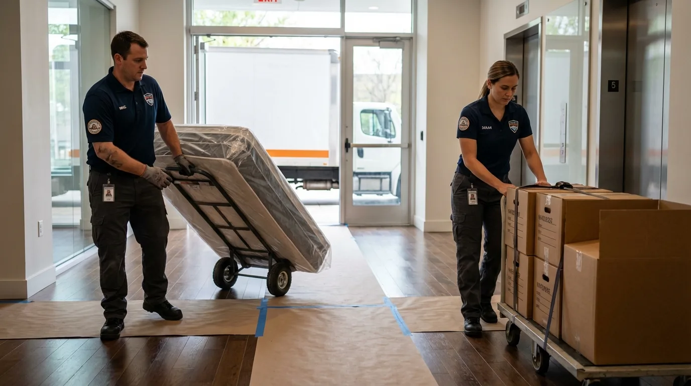 Professional apartment movers loading elevator in Ellsworth, WI