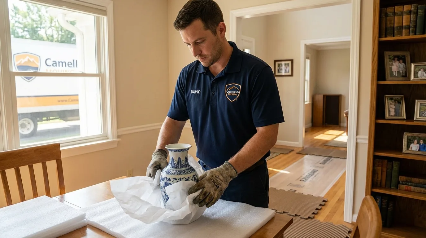 Professional crew carefully wrapping antique vase for senior downsizing move in Ellsworth, WI